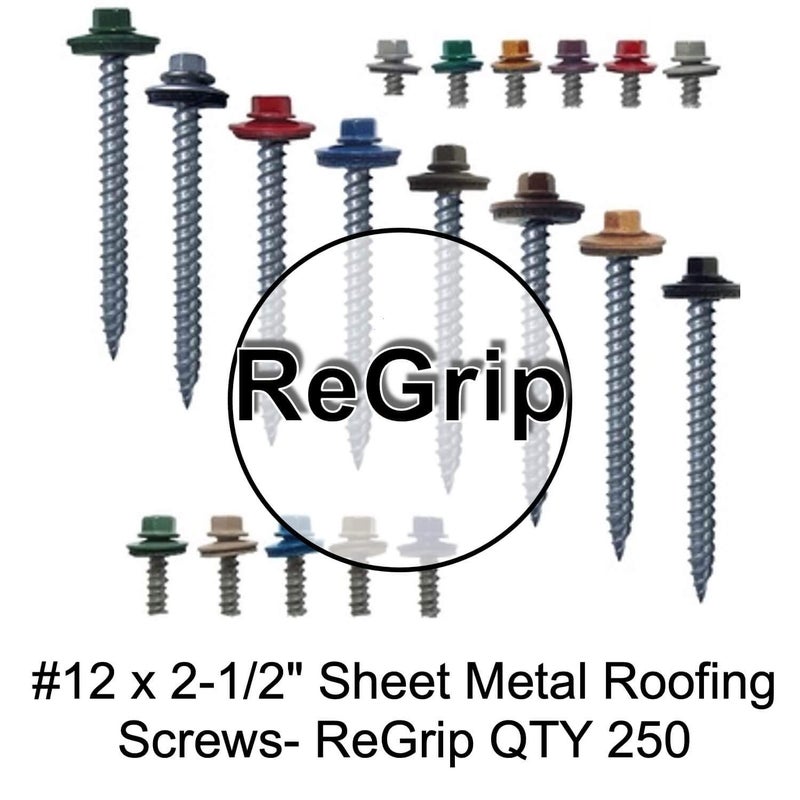 Jake Sales Metal ROOFING SCREWS: (250) 12 x 2-1/2" GALVANIZED/ZINC Hex ReGrip Head Sheet Metal Roof Screw. Sharp Point metal to wood siding screws. EPDM washer. Colored head - Image 5